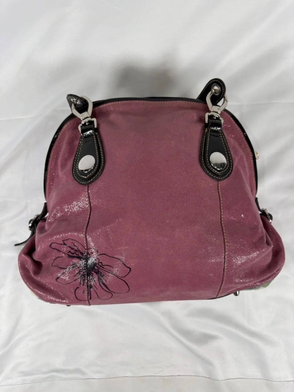 Pulicati Italy Floral Haircalf Leather Satchel Designer Pink Purse